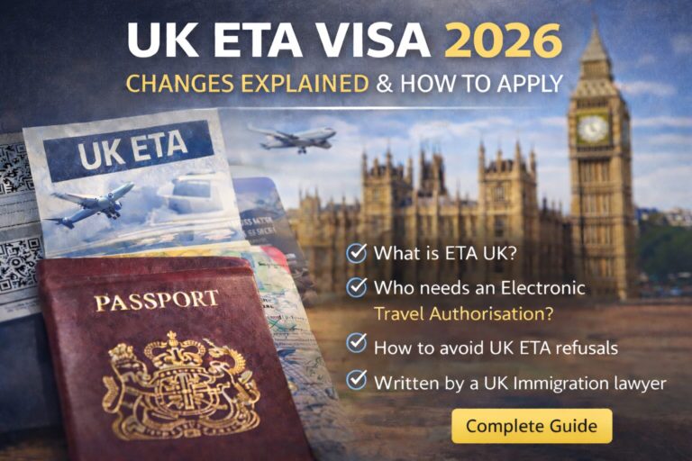 UK ETA Visa 2026 guide showing a British passport, UK ETA document, airplane and the Houses of Parliament in London, explaining Electronic Travel Authorisation requirements.