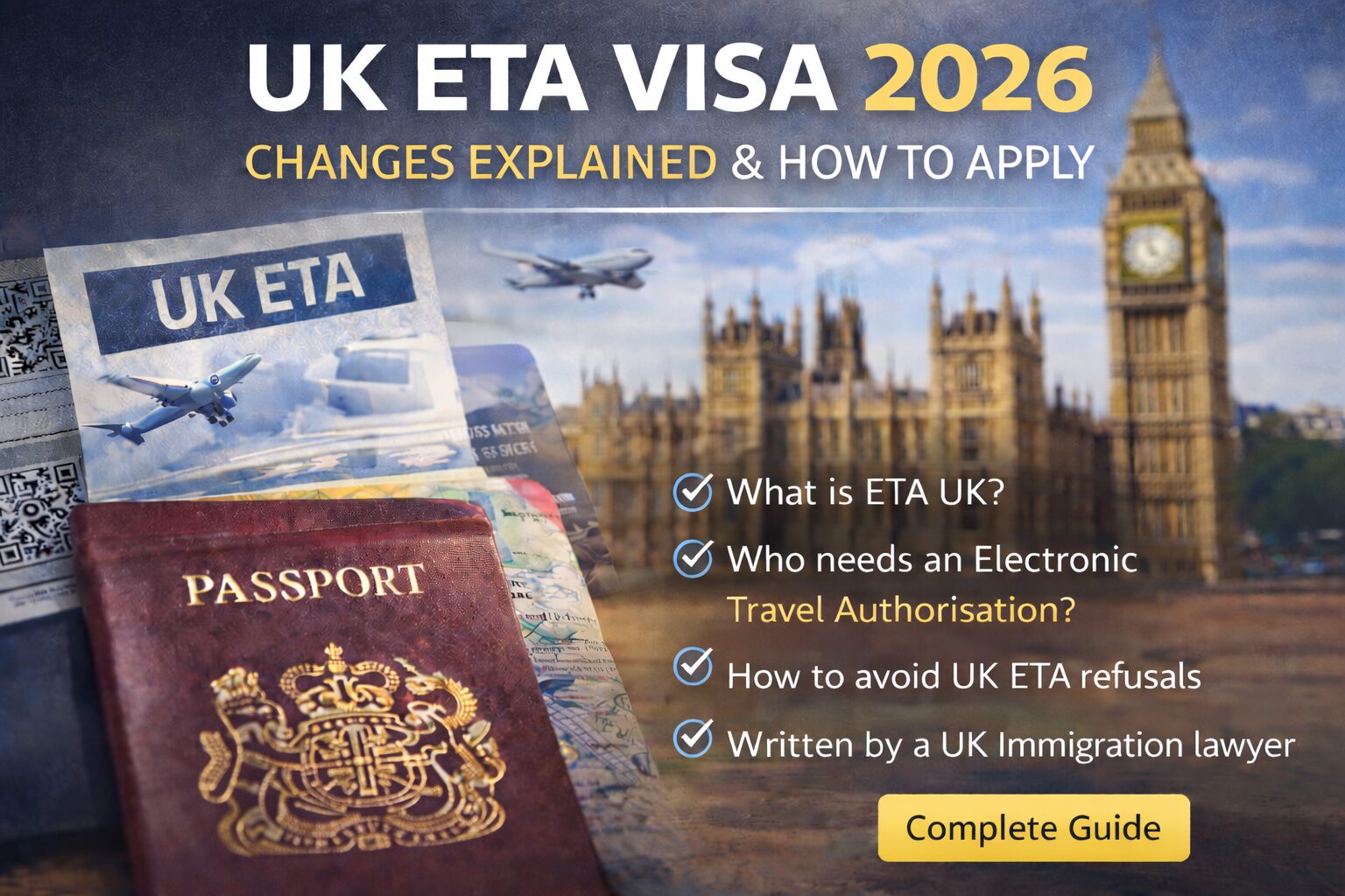 UK ETA Visa 2026 guide showing a British passport, UK ETA document, airplane and the Houses of Parliament in London, explaining Electronic Travel Authorisation requirements.