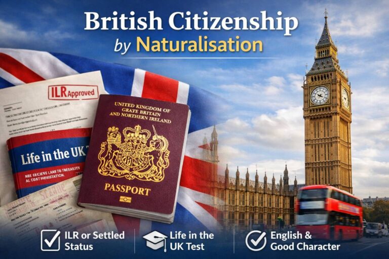 British citizenship by naturalisation showing UK passport, ILR status and London landmarks