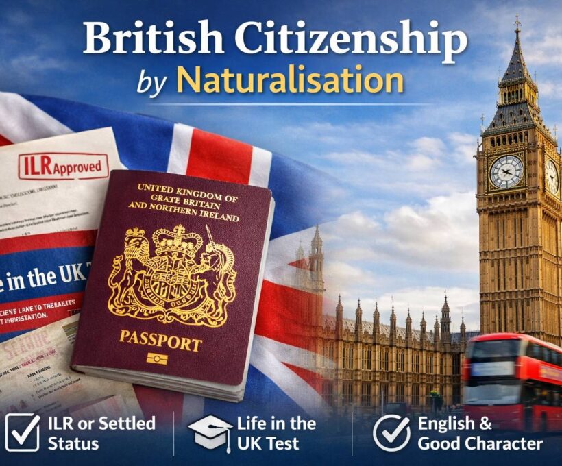 British citizenship by naturalisation showing UK passport, ILR status and London landmarks